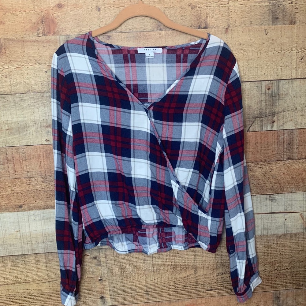 2/$10 Favlux Plaid Faux Wrap Blouse